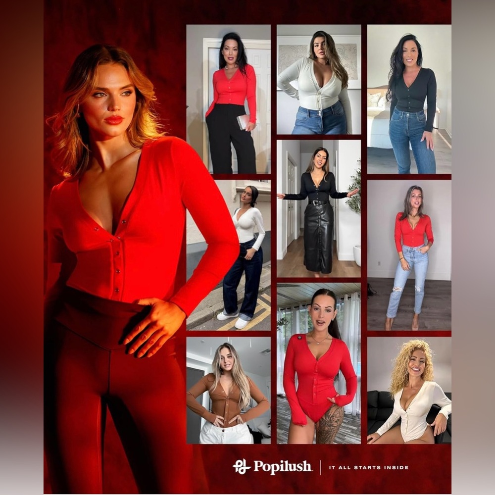 Popilush Long Sleeve Henley Bodysuit Tummy Control Shapewear RedTag - Picture 4 of 8